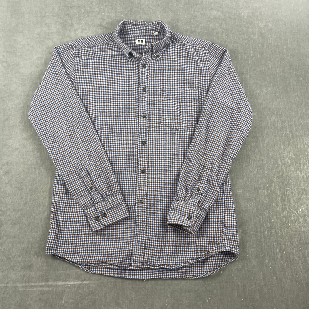 Uniqlo Men Medium Blue Check Flannel Button Down Shirt Long Sleeve